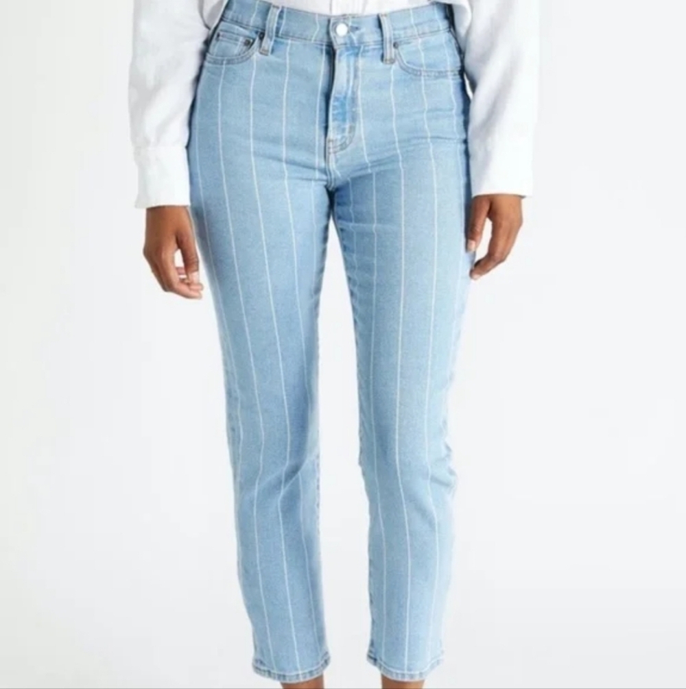 || ETICA || Alex denim jeans, sz 27, vertical striped, skinny, blue/white